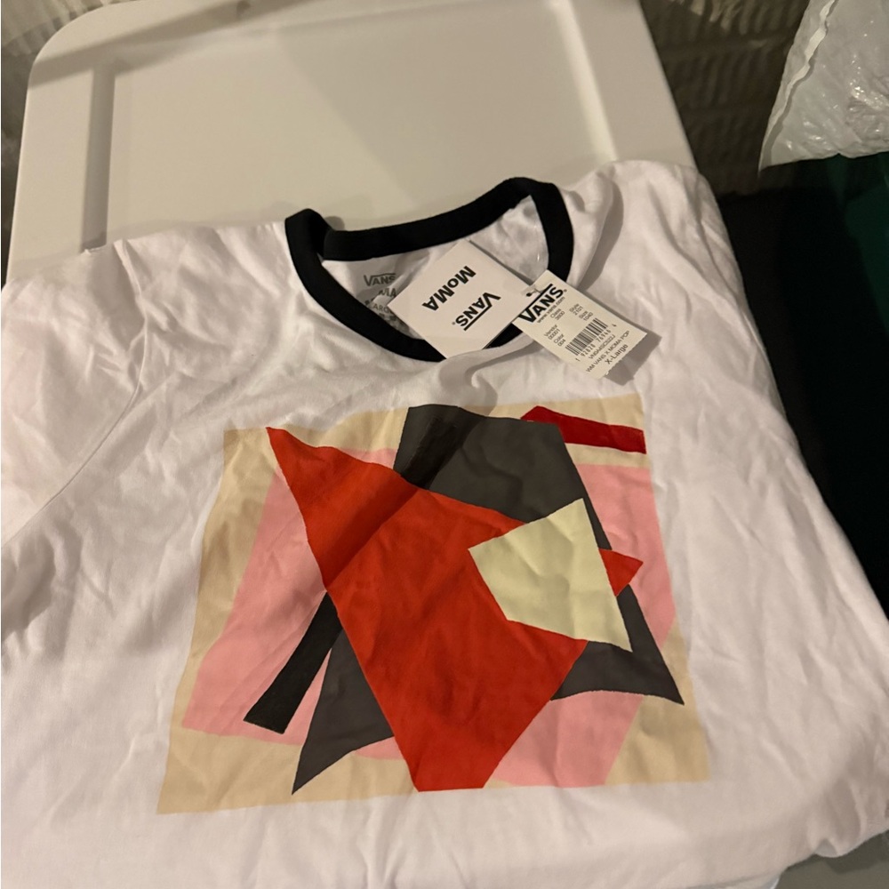 Vans White Ringer Tee with Red, Pink & Gray Abstract Graphic